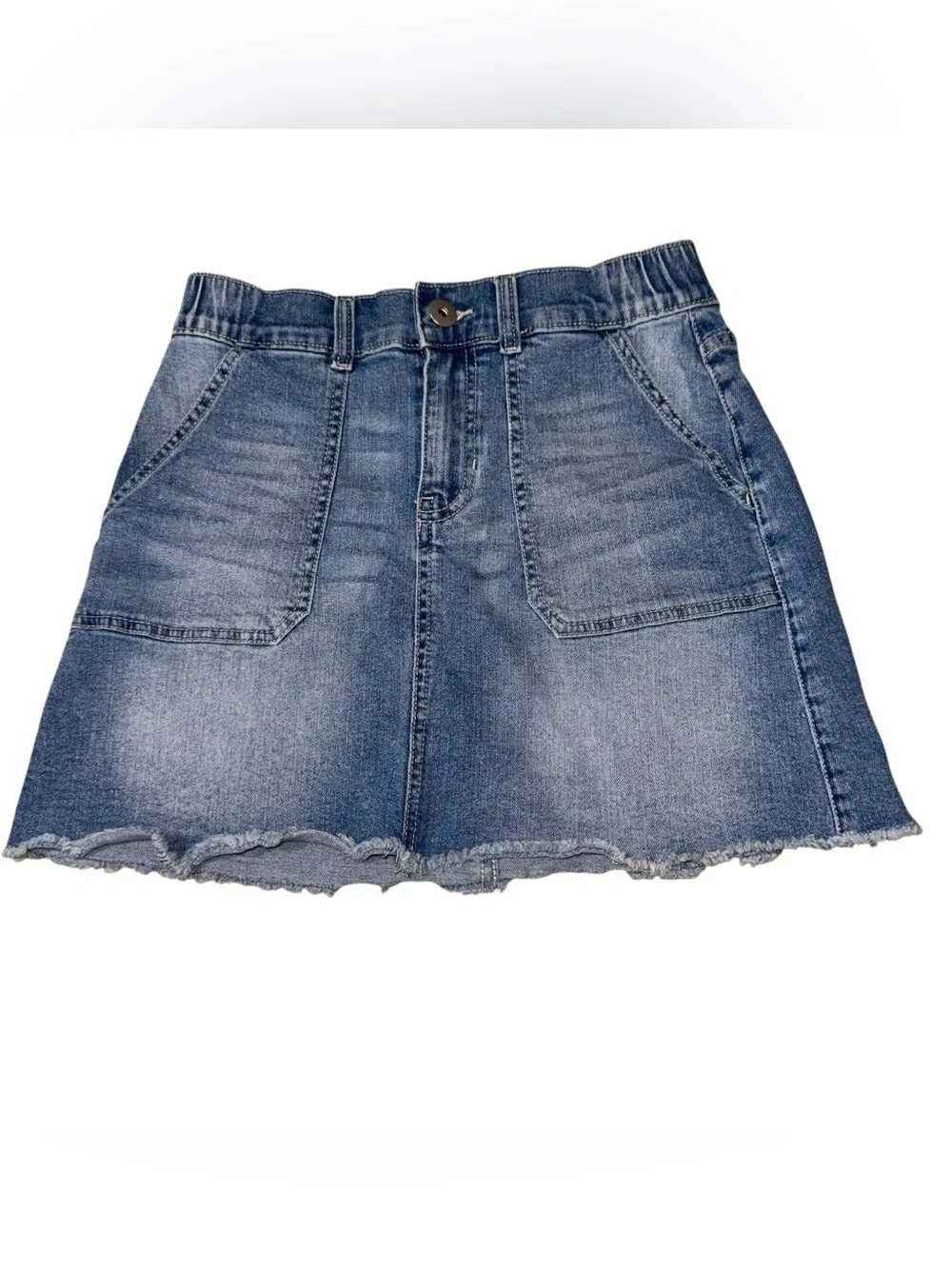 No Boundaries Women's Junior S Small Mini Denim A-Line Skirt Raw Hem Blue